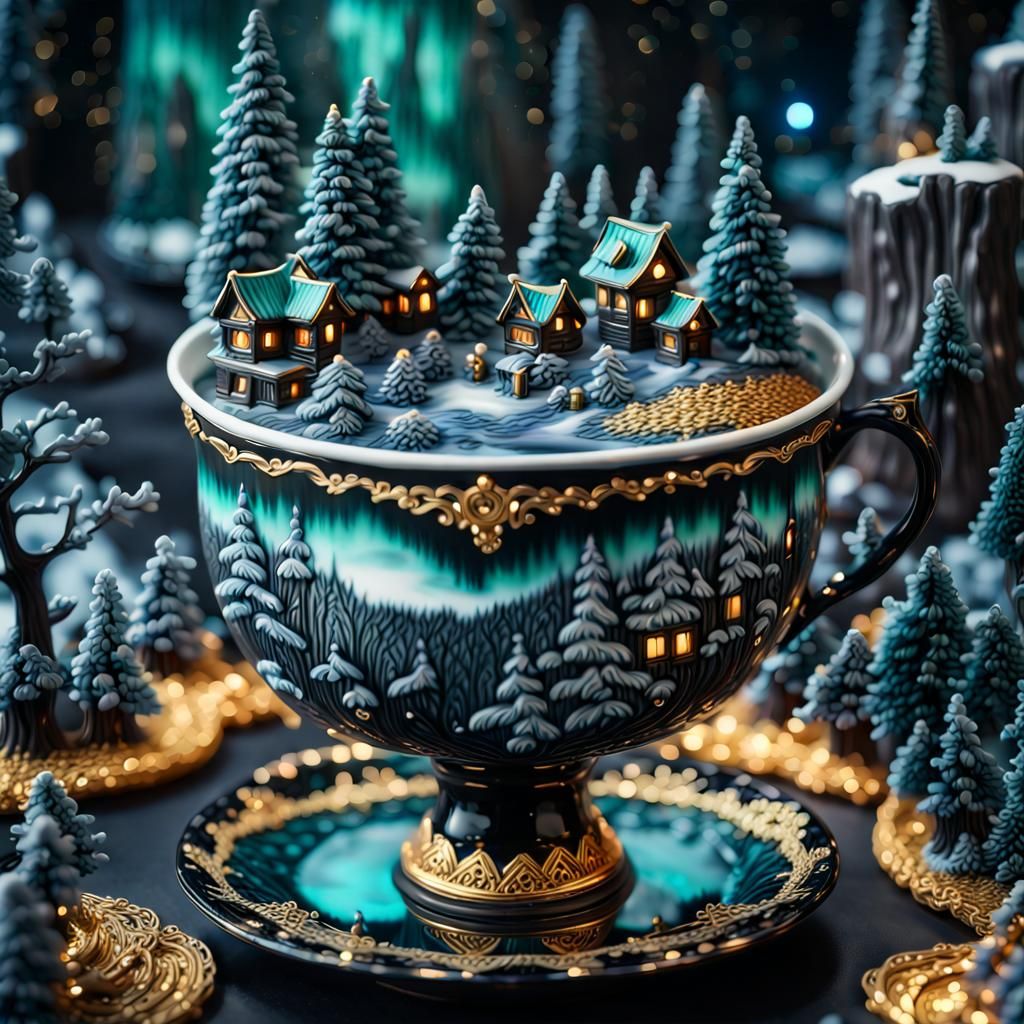 Magical Malachite City in Porcelain Cup Diorama