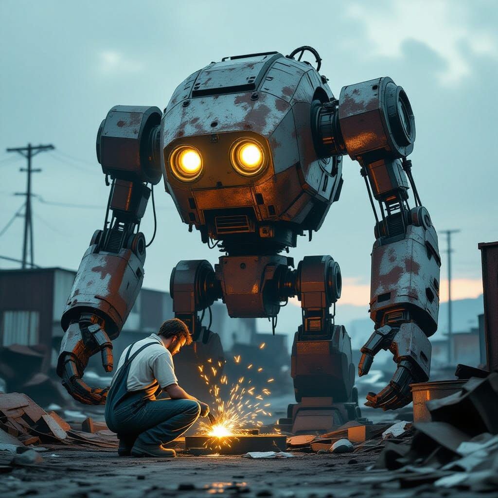 Gritty Junkyard Robot Rebuild in Cyberpunk Style