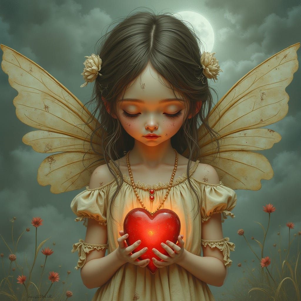 Delicate Fairy Tenderly Holds a Glowing Heart