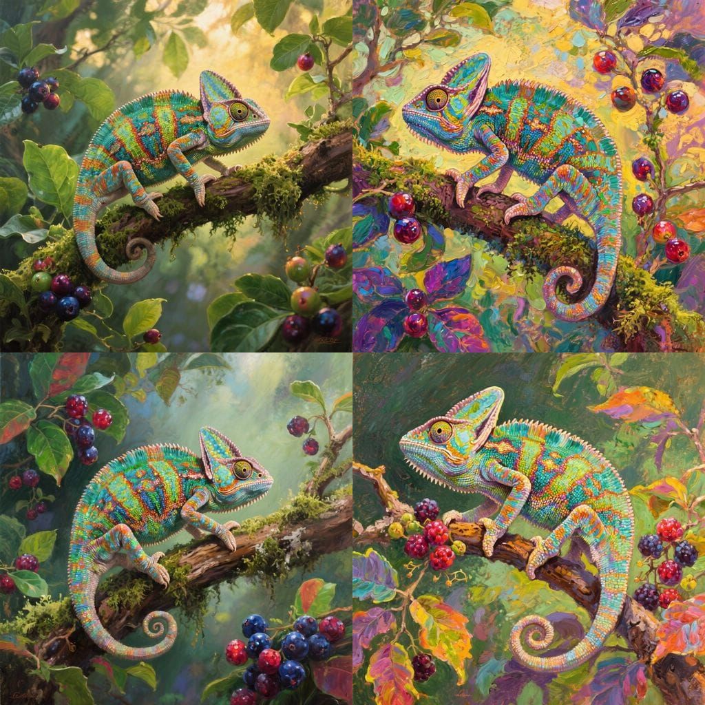 Multicolored Chameleon on Branch with Colorful Flora