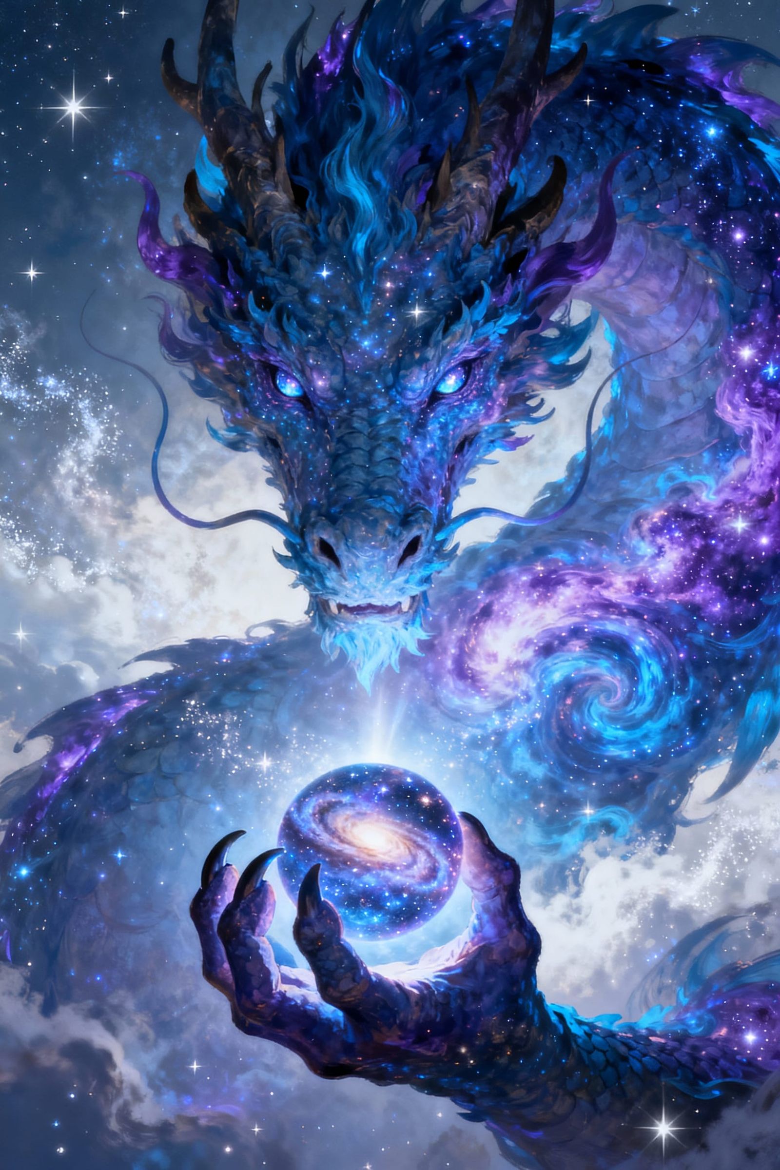 Cosmic Dragon Holding Galaxy in Nebula, Digital Art