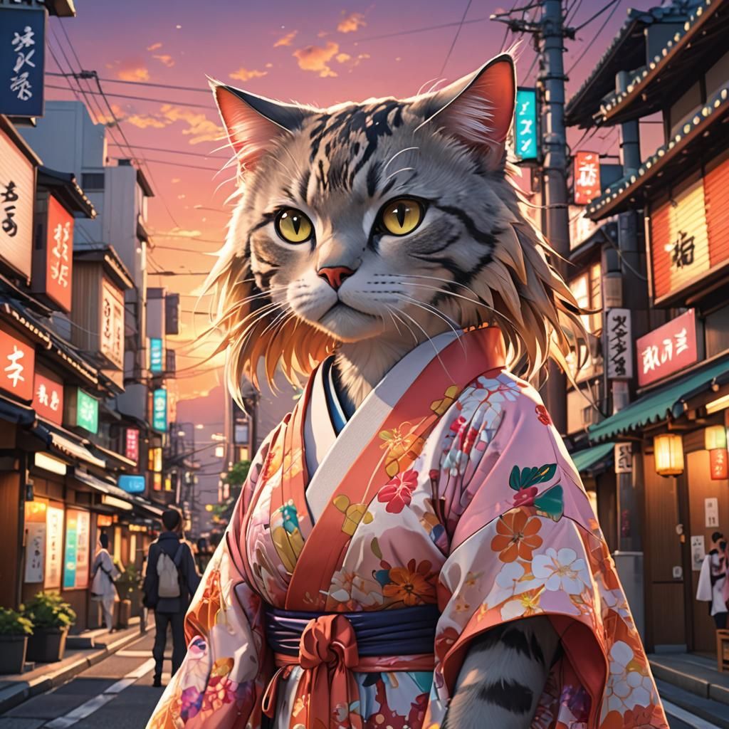 Cat Girl in Tokyo Street: 3D Anime Art