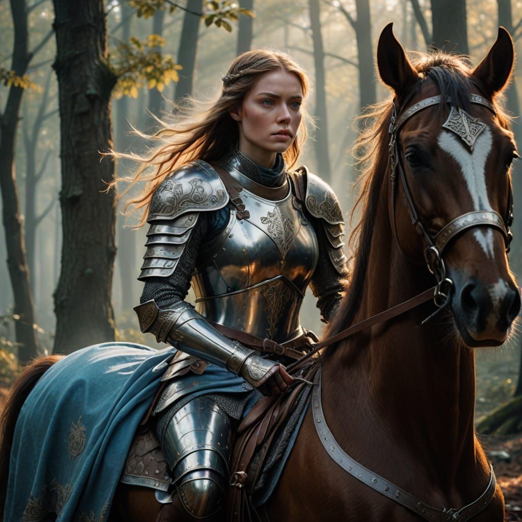 Girl Warrior in Armor Rides into Medieval Fantasy Forest