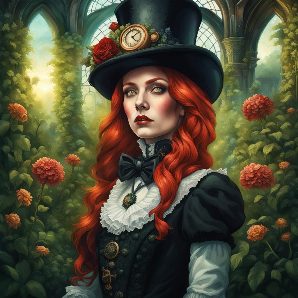 Steampunk Redhead in Gothic Ruins: Hyperrealistic Portrait