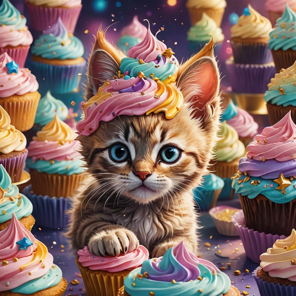 Kitten Peeks Out of Cupcake: Fantasy Illustration