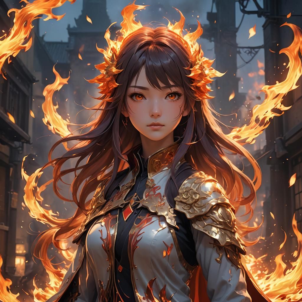 Fiery Anime Girl in Fantasy World