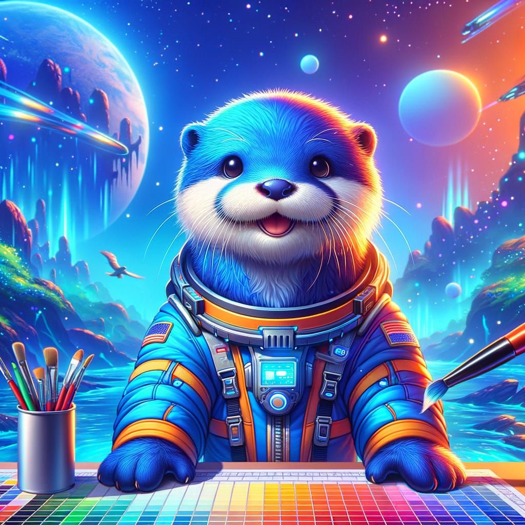 Adorable Blue Otter in Futuristic Spacesuit Illustration