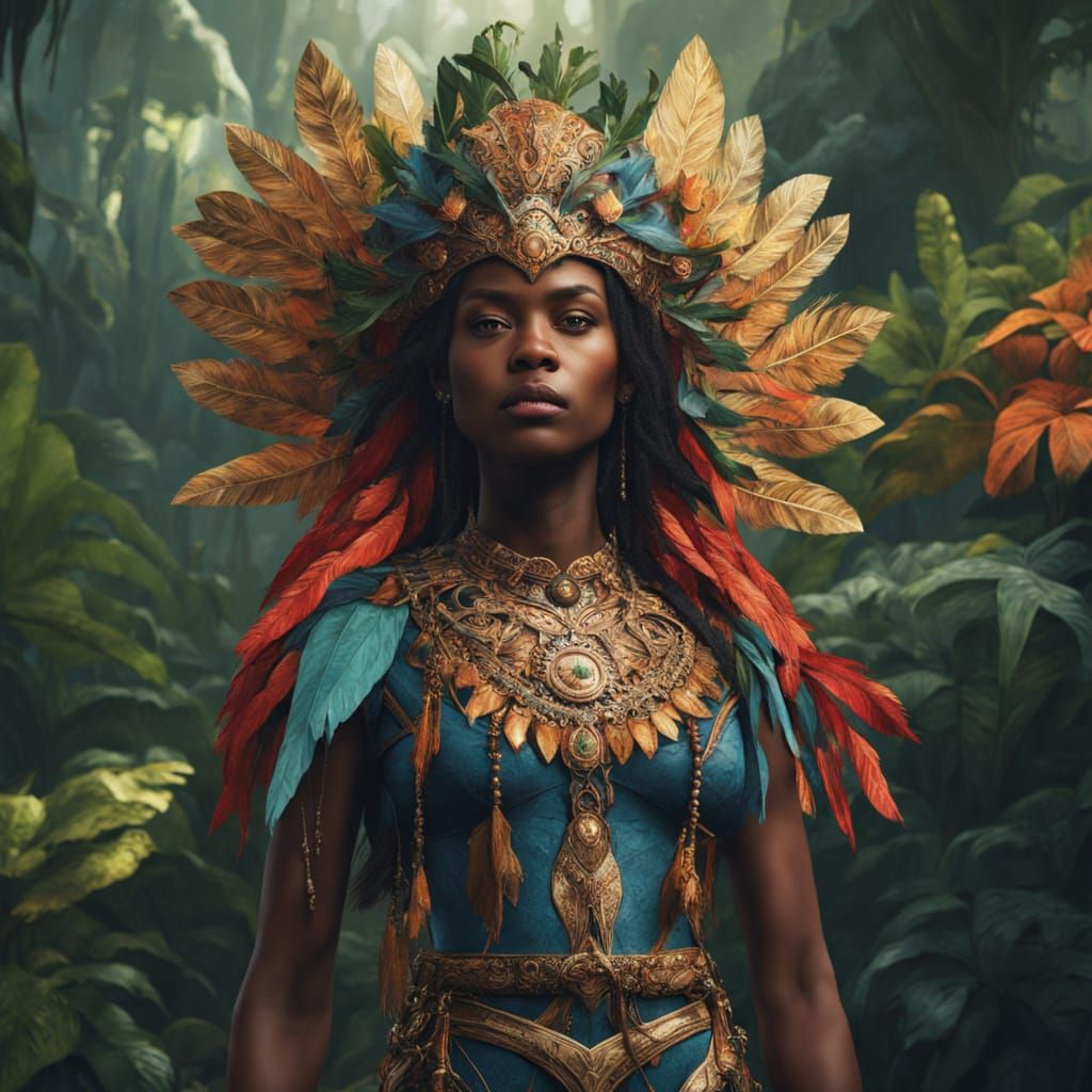 Majestic Jamaican Wonder Woman in Vibrant Jungle