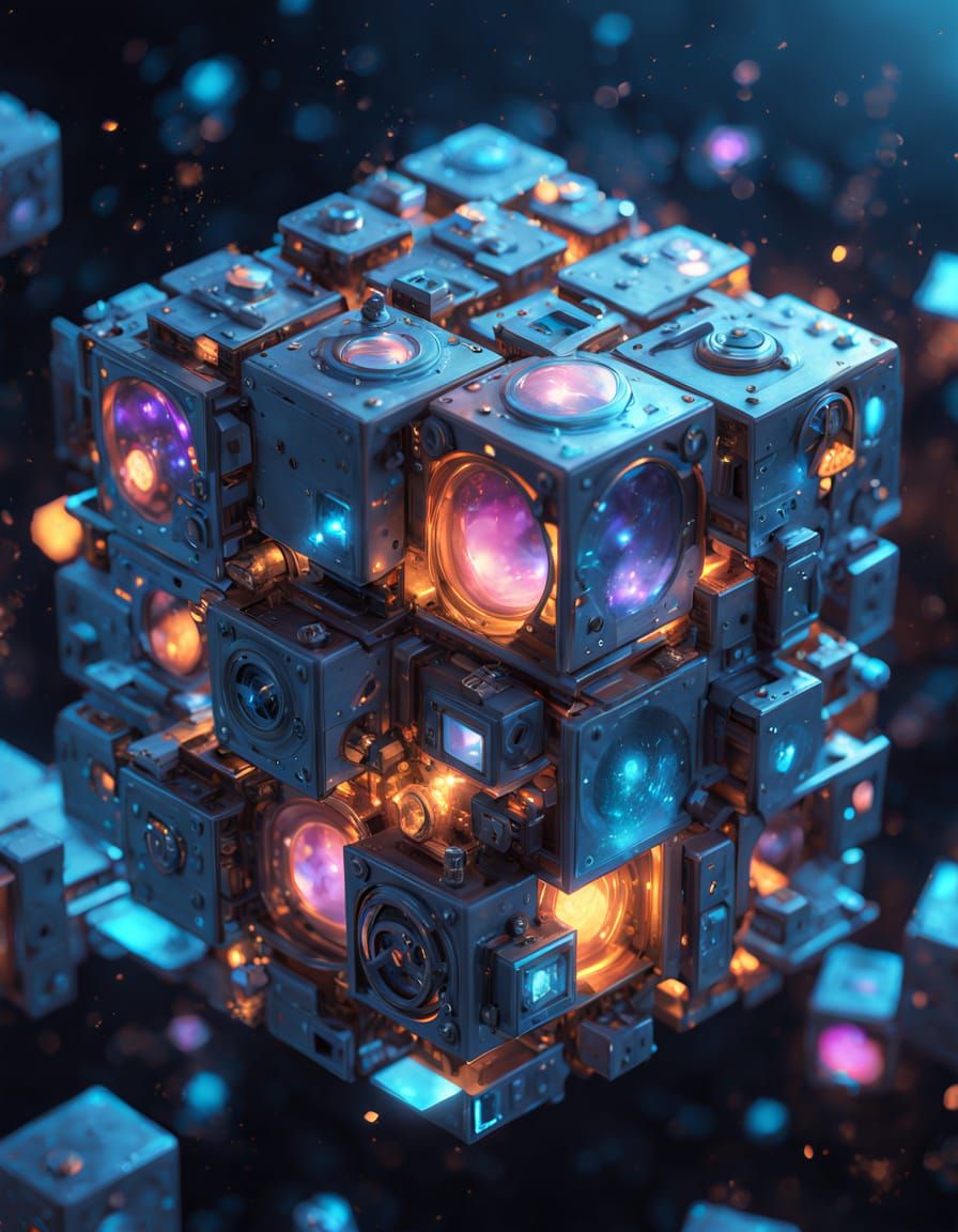 Surreal Steampunk Engine Room with Intricate Cubes