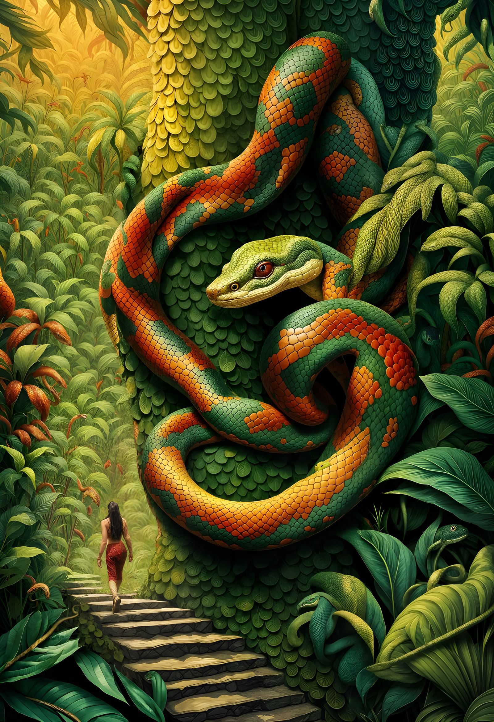 Vibrant Jungle Scene: Woman, Artifact, and Serpent