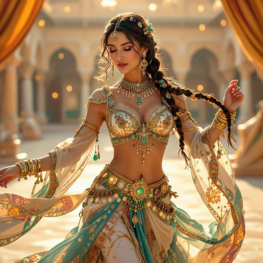 Elegant Woman Dancing in Palace Courtyard at Golden Hour