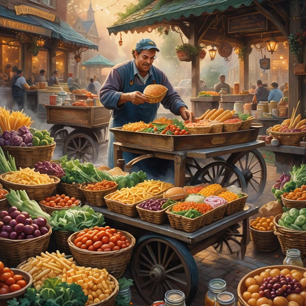 Fantasy Street Food Vendor in Hyperdetailed Illustration