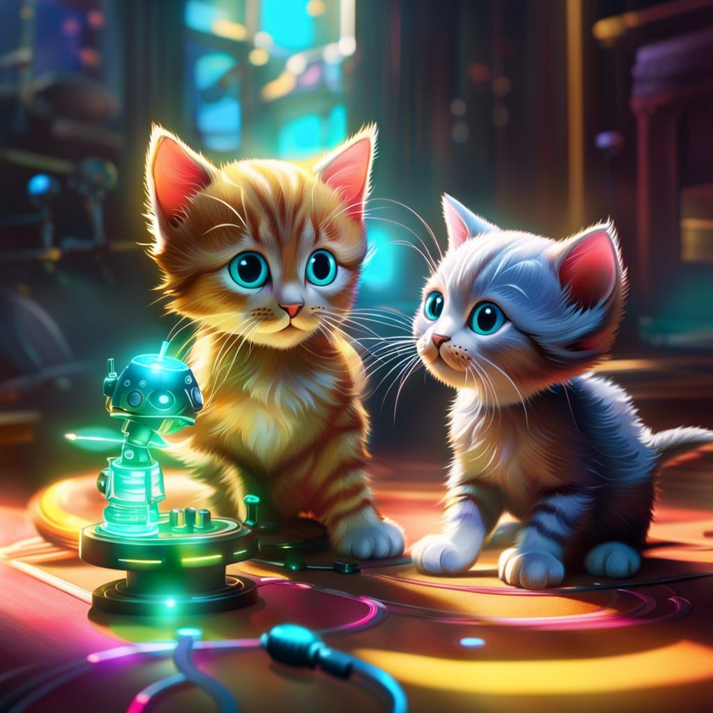 Hyperrealistic Robo-Kitten Playtime: Nostalgic Concept Art