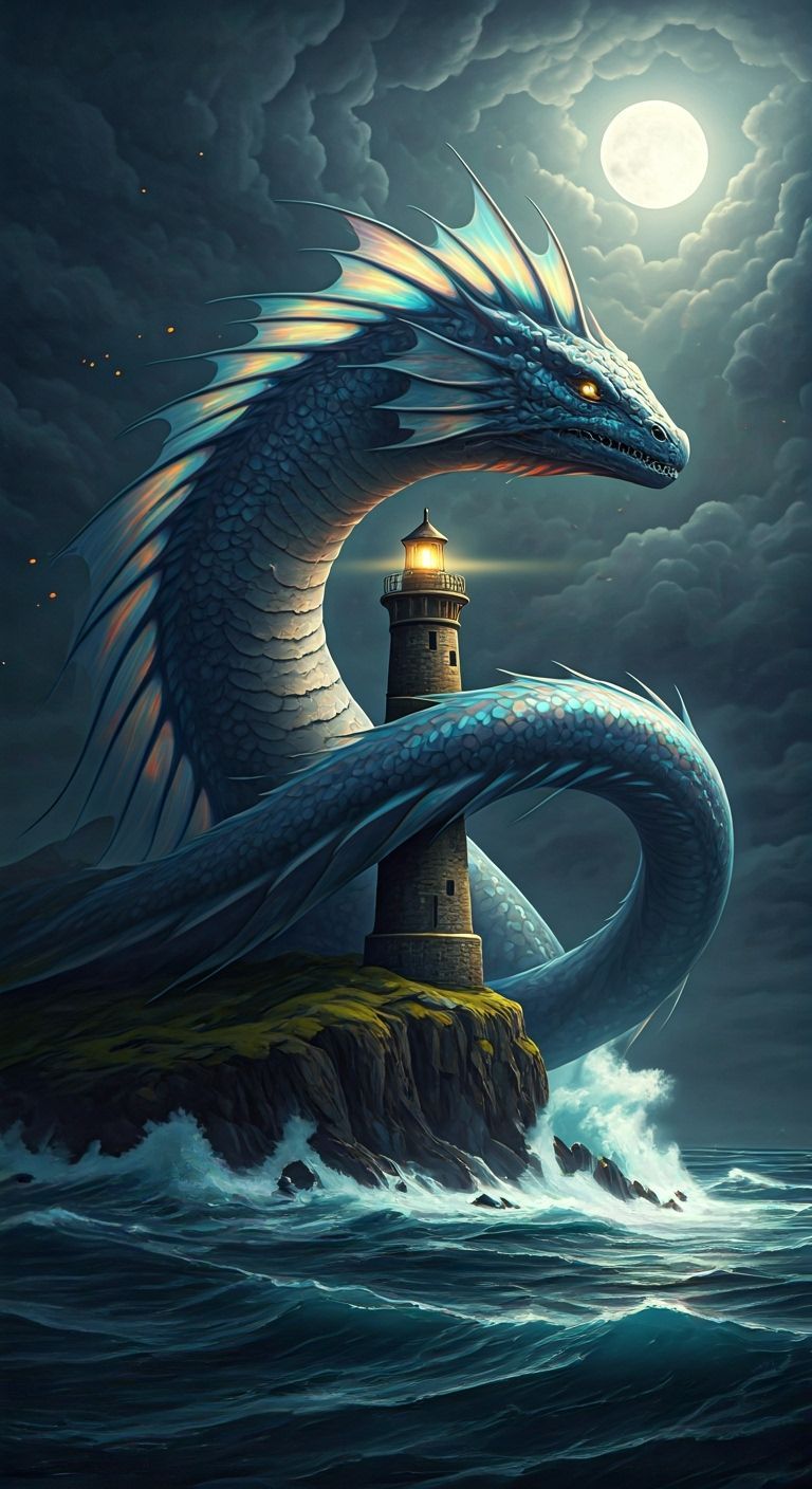 Sea Leviathan Embraces Lighthouse in Stormy Night
