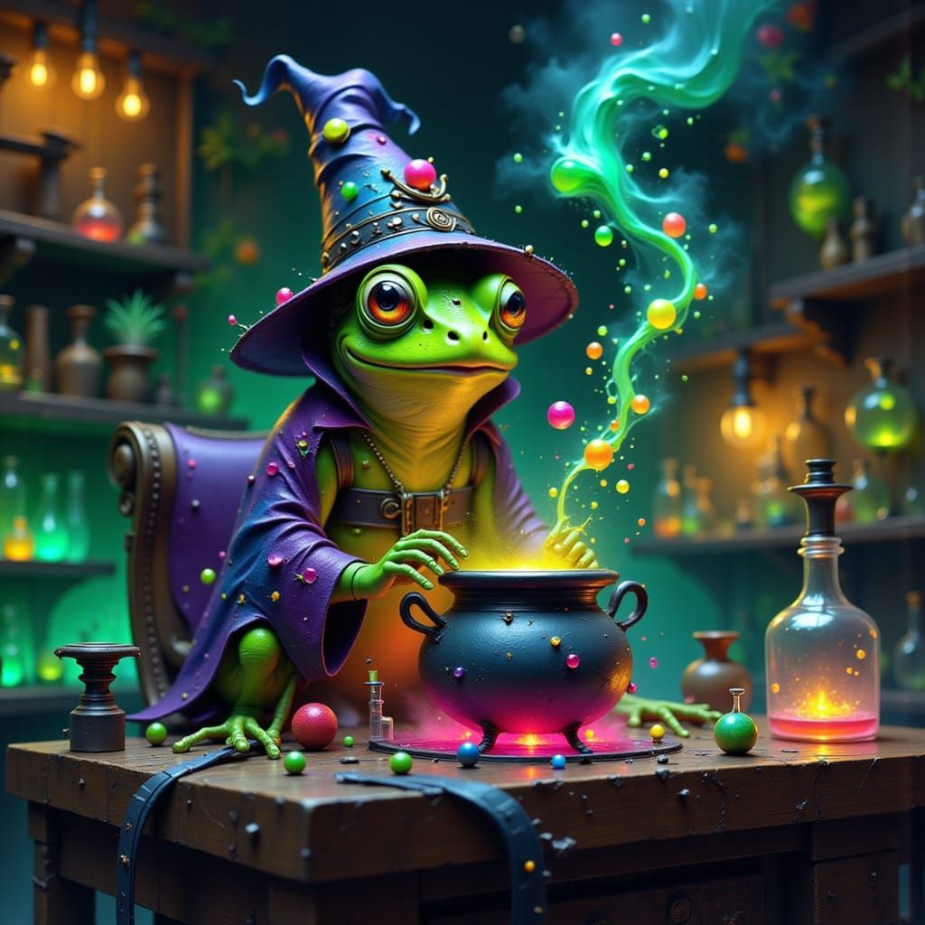 Anthropomorphic Frog Wizard in Lab CGI Cartoon Style
