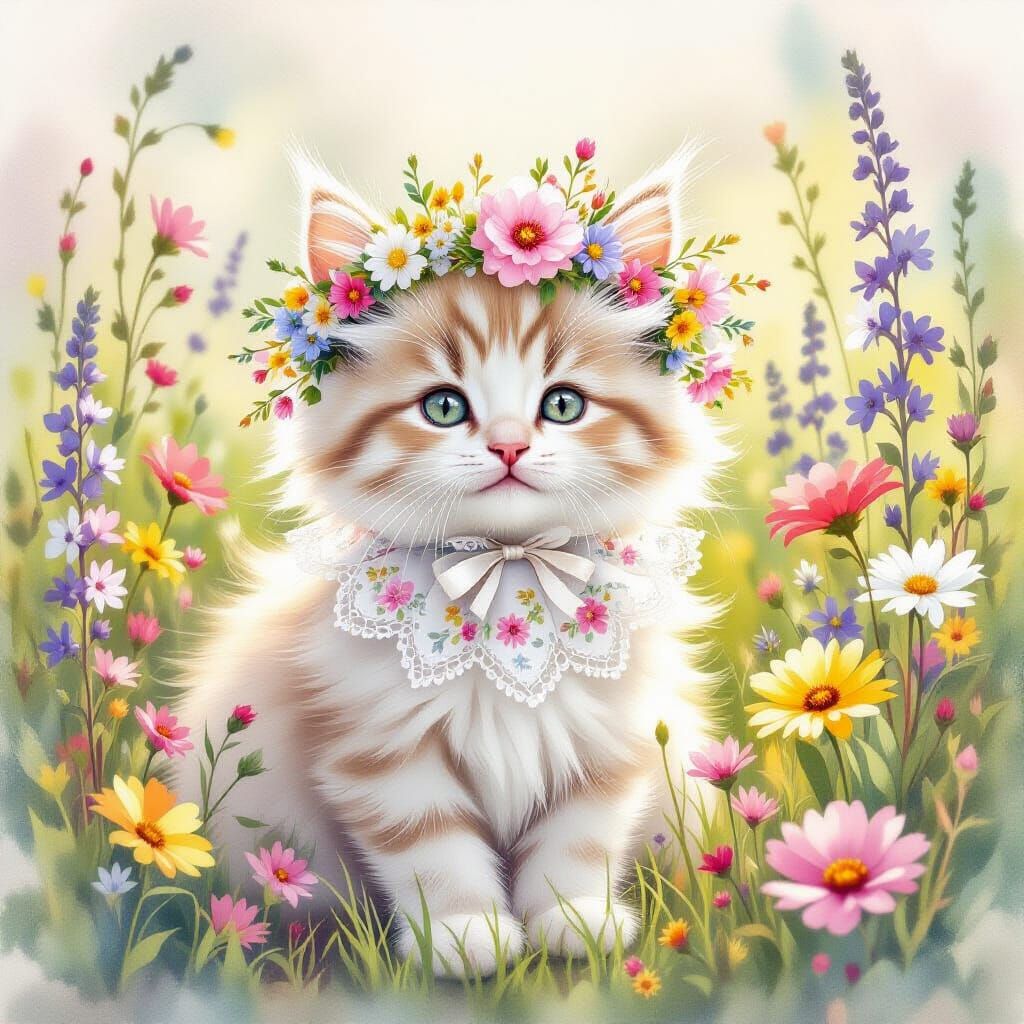 Whimsical Kitten with Floral Crown in Watercolor Style
