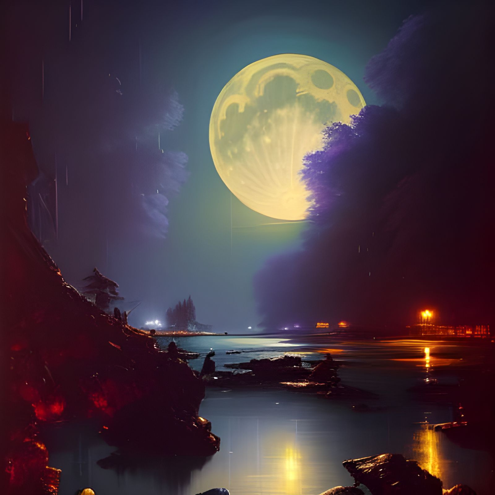 Moonlit Nightscape Painting in Futuristic Style