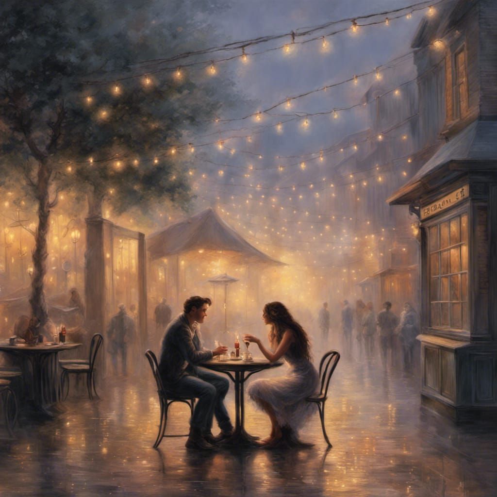 Romantic Cafe Kiss at Dusk in Ethereal Style