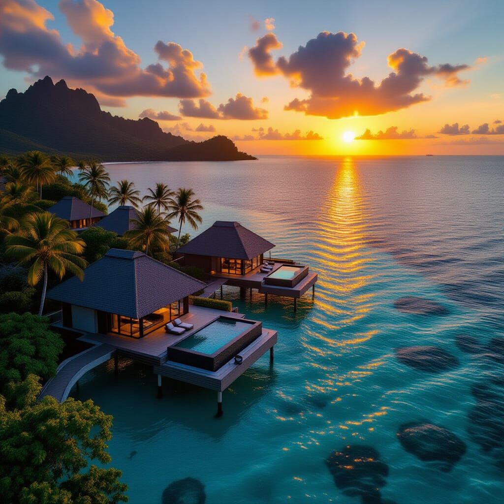 Luxury Overwater Villas at Sunset, Tropical Island Aerial Vi...