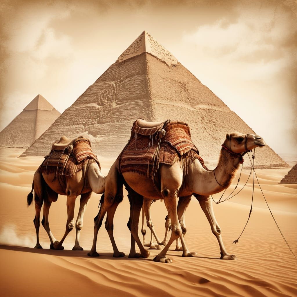 Vintage Desert Exploration with Camel Caravan and Pyramids