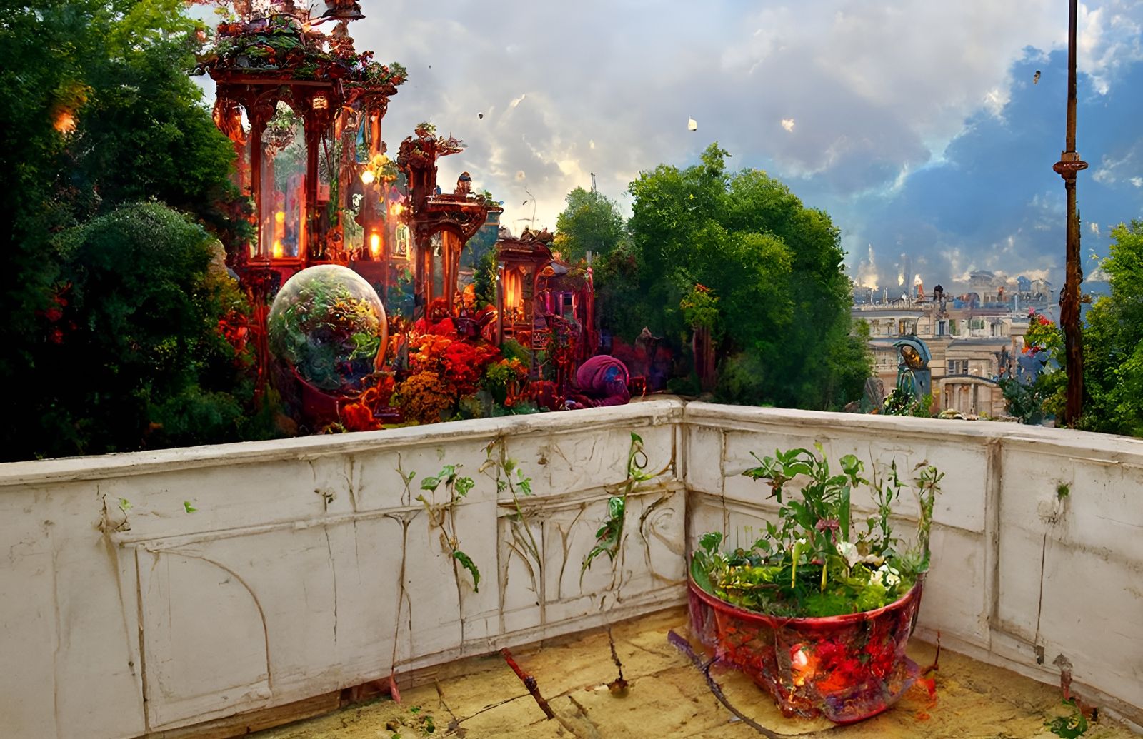 Victorian Palace Balcony Garden in Kinetic Pointillism Style