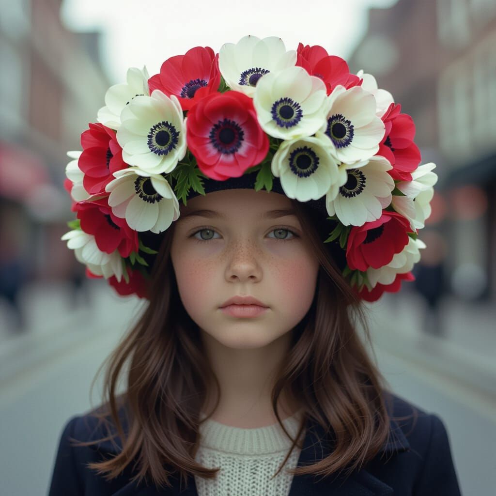 Girl Wearing Anemone Flower Hat in Raw Street Photo Style