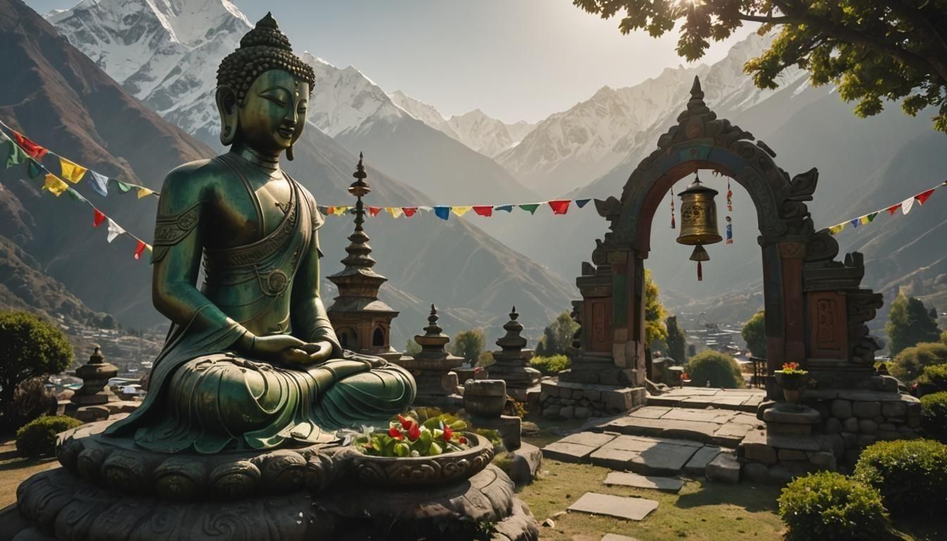 Green Tara Statue with Prayer Flags, Nepal