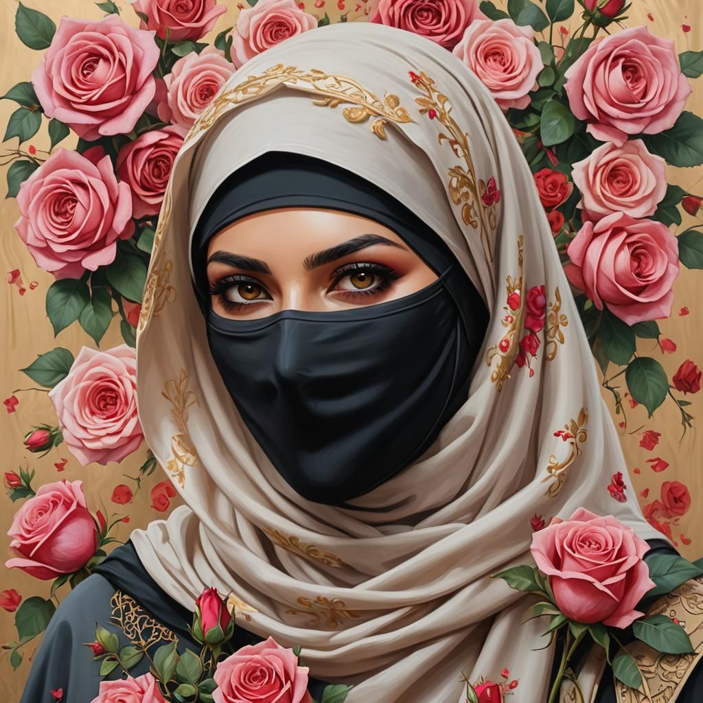 Pretty Niqabi Girl Portrait with Roses Background