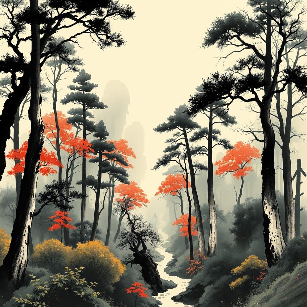Misty Forest Landscape in Sumi-e Ink Style