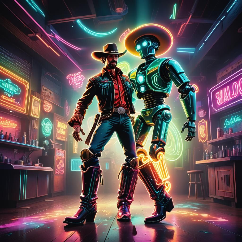 Cowboy and Robot Dance in Retro-Futuristic Saloon