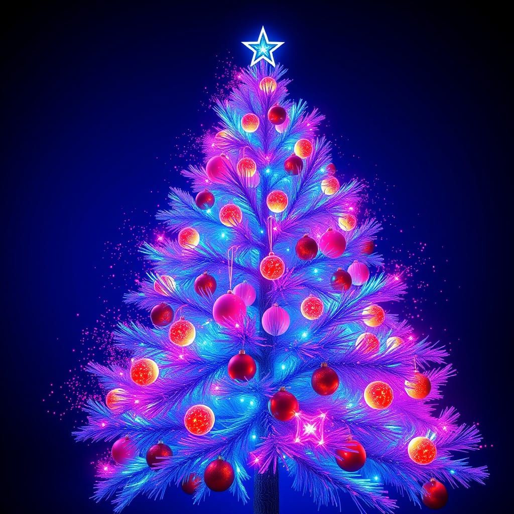 Electric Blue Christmas Tree with Glowing Neon Ornaments in...