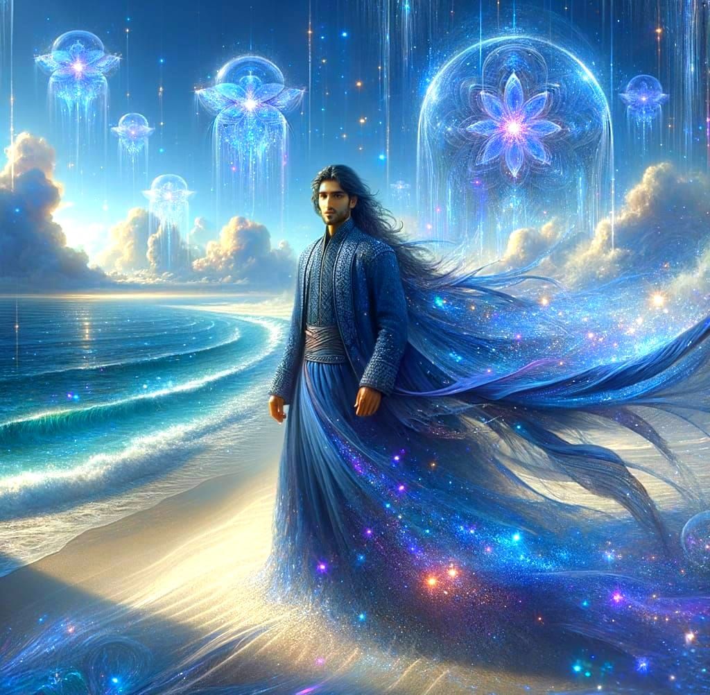 South-Asian Hero Stands on Ethereal Beach with Shimmering Sp...