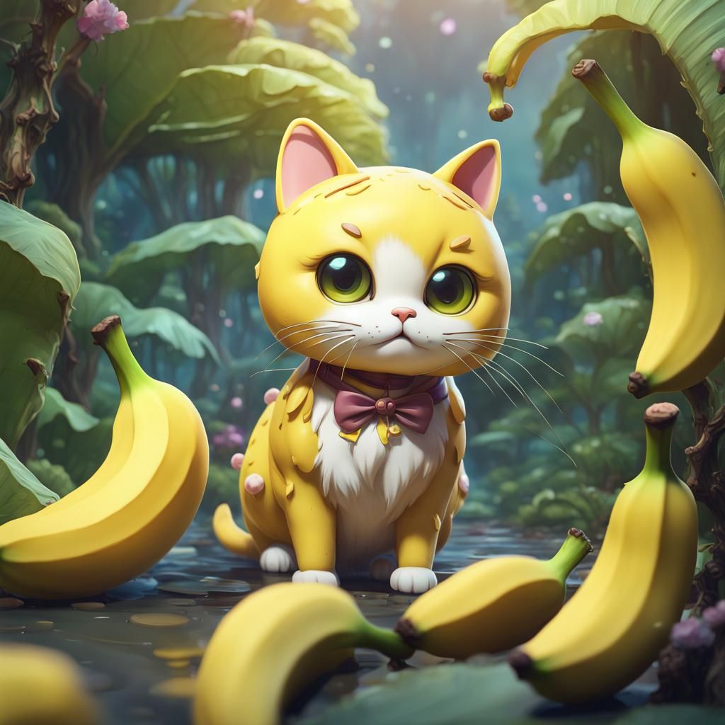 Kawaii Cat in Banana Peel: Detailed Matte Painting