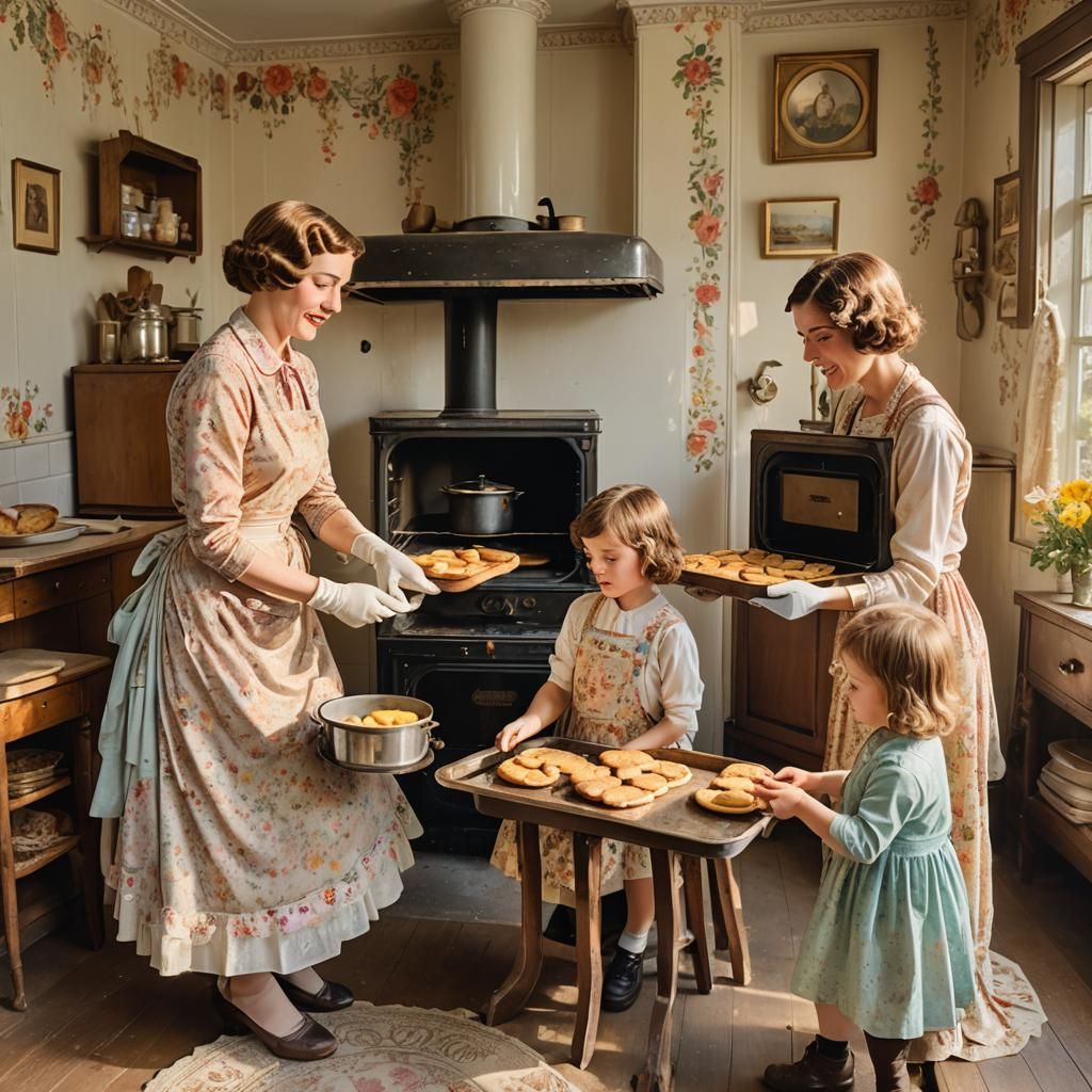 Nostalgic 1920s Kitchen Scene in Watercolor Style