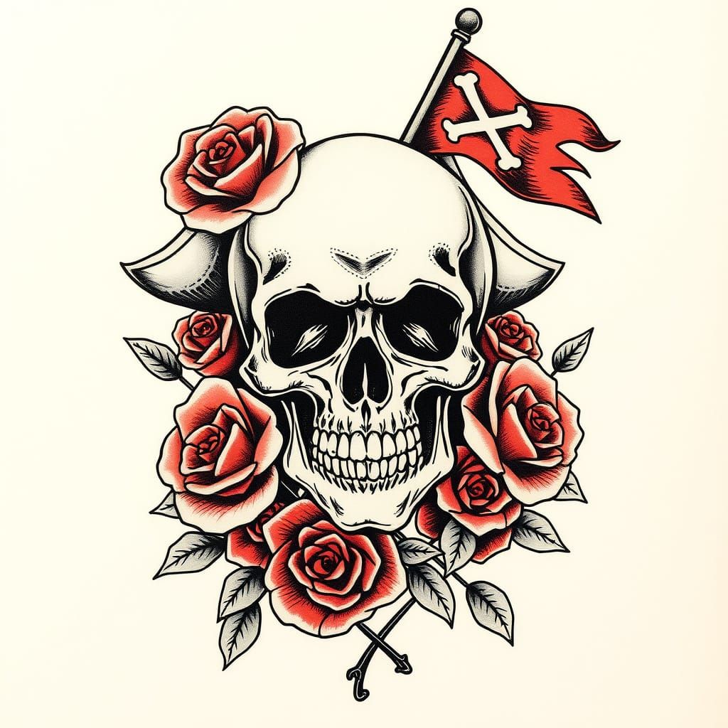 Skull with Roses Flash Tattoo Art