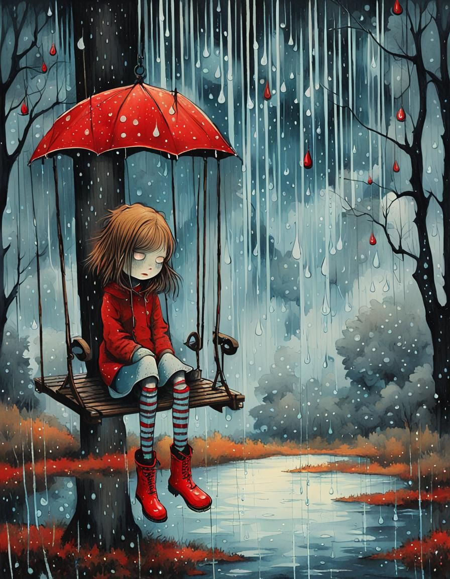 Crying Girl on a Swing: Whimsical Acrylic Painting