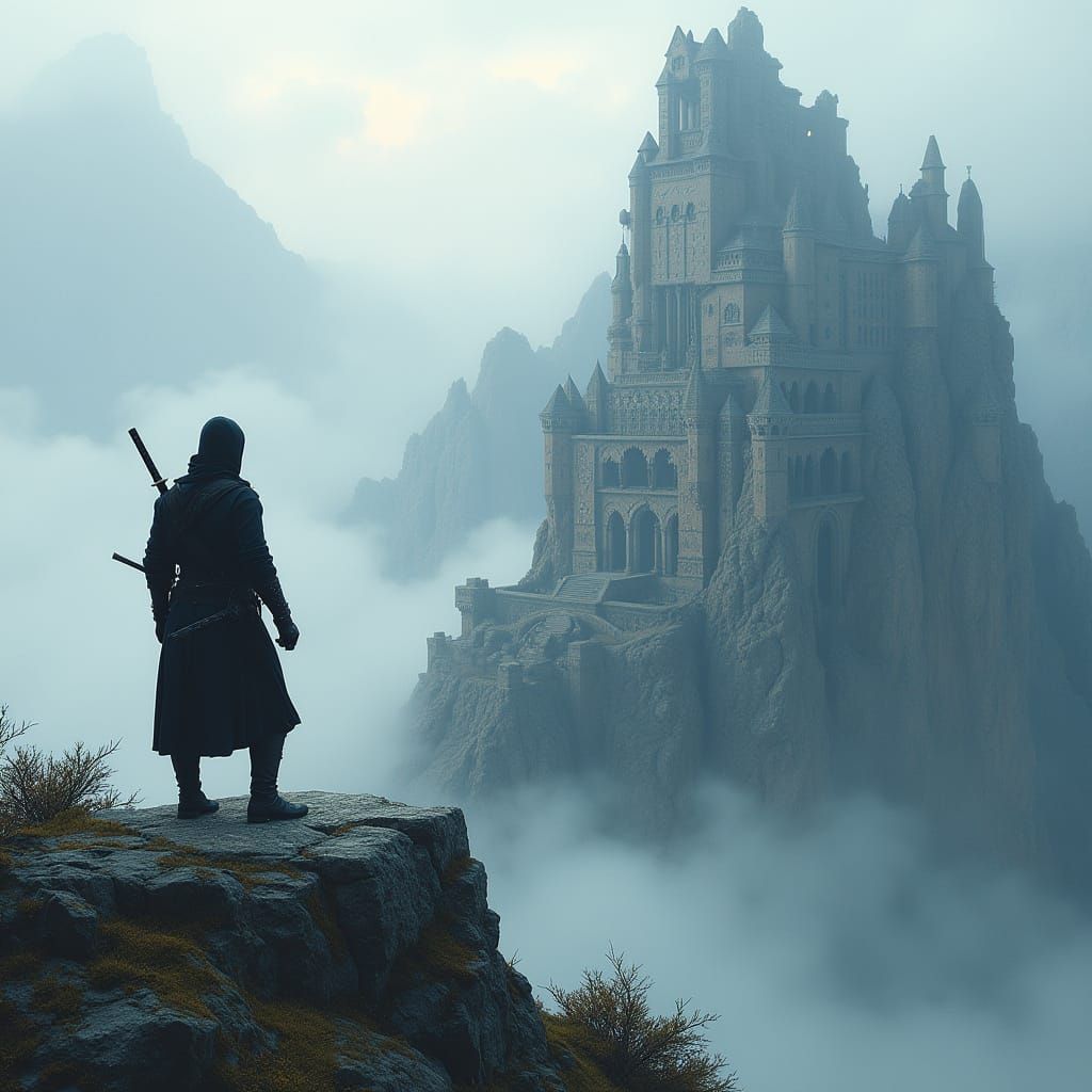 Ninja on Misty Swiss Alps Peak, Gazing Down at Ancient Fortr...