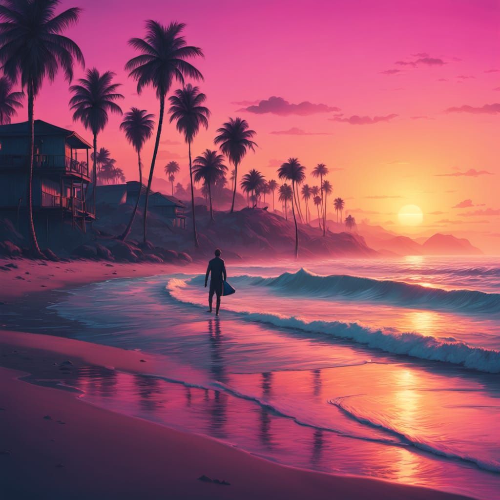 Neon Sunset on a Deserted California Beach in Synthwave Styl...