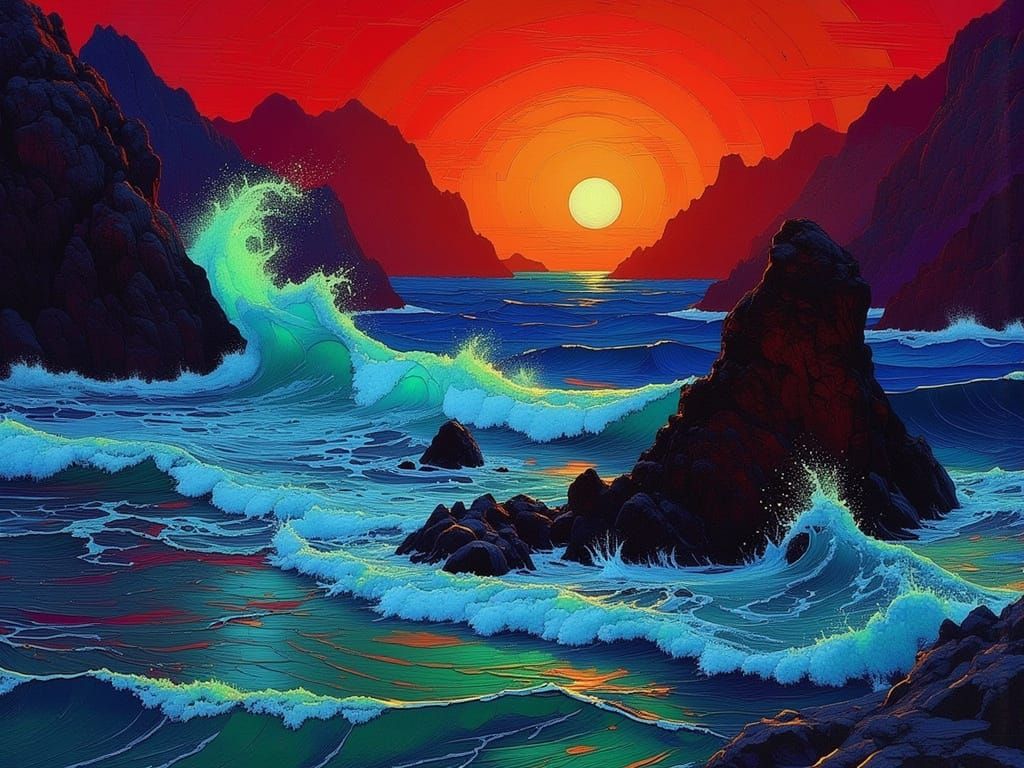 Turbulent Seascape Under a Deep Red Sky