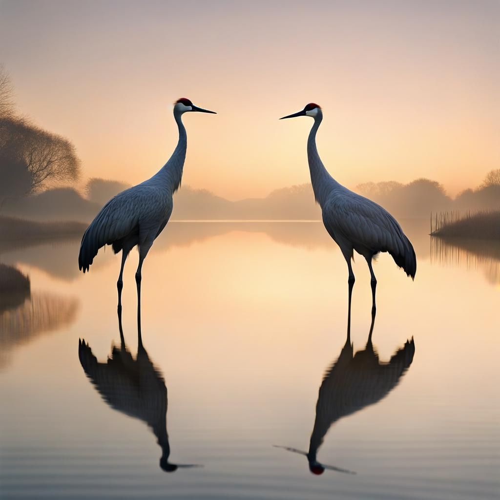 Cranes in Love: Abstract Watercolor Zen Garden