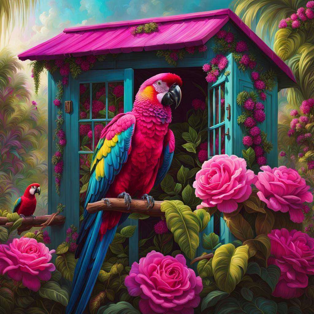 Magenta Parrot in Hyperdetailed Fantasy Painting Style