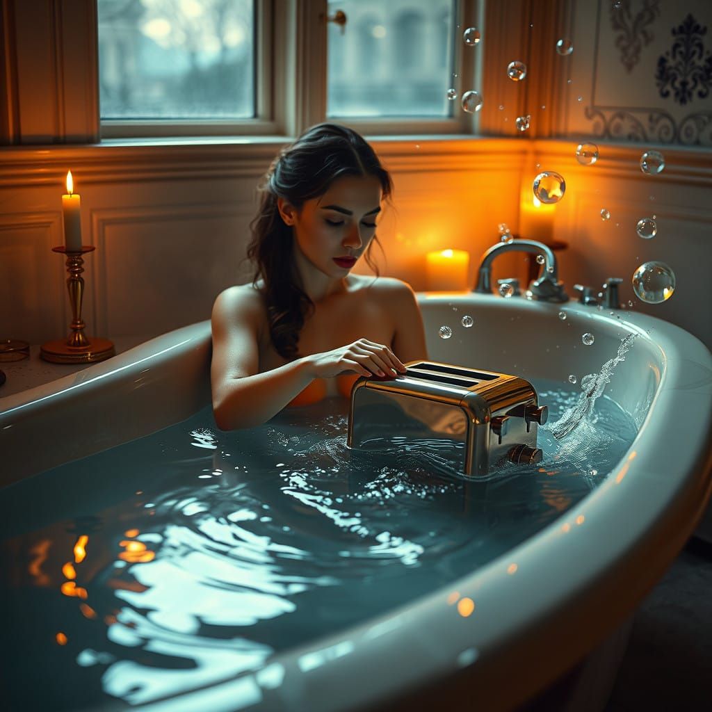 Luxurious Bath Scene with Submerged Toaster in Dreamlike, Su...