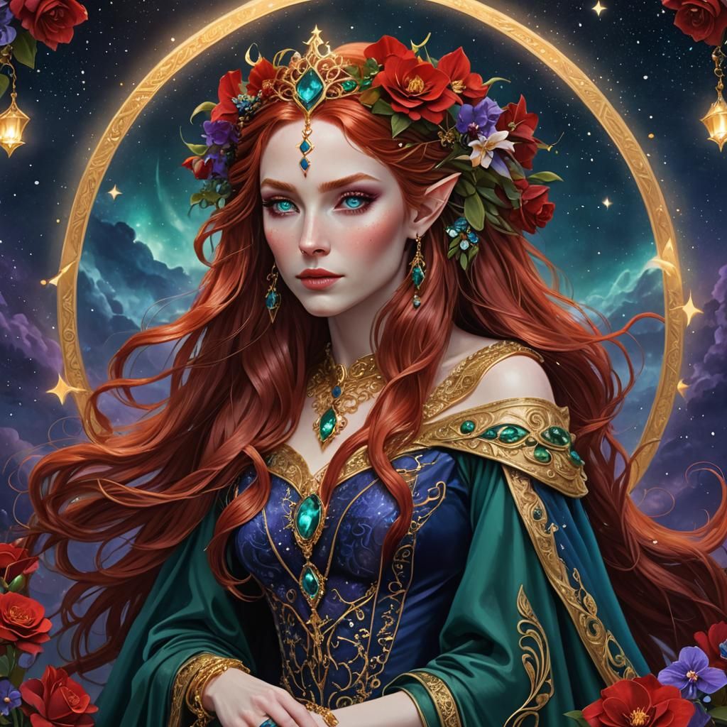 Elven Woman with Red Hair in Fantasy Landscape
