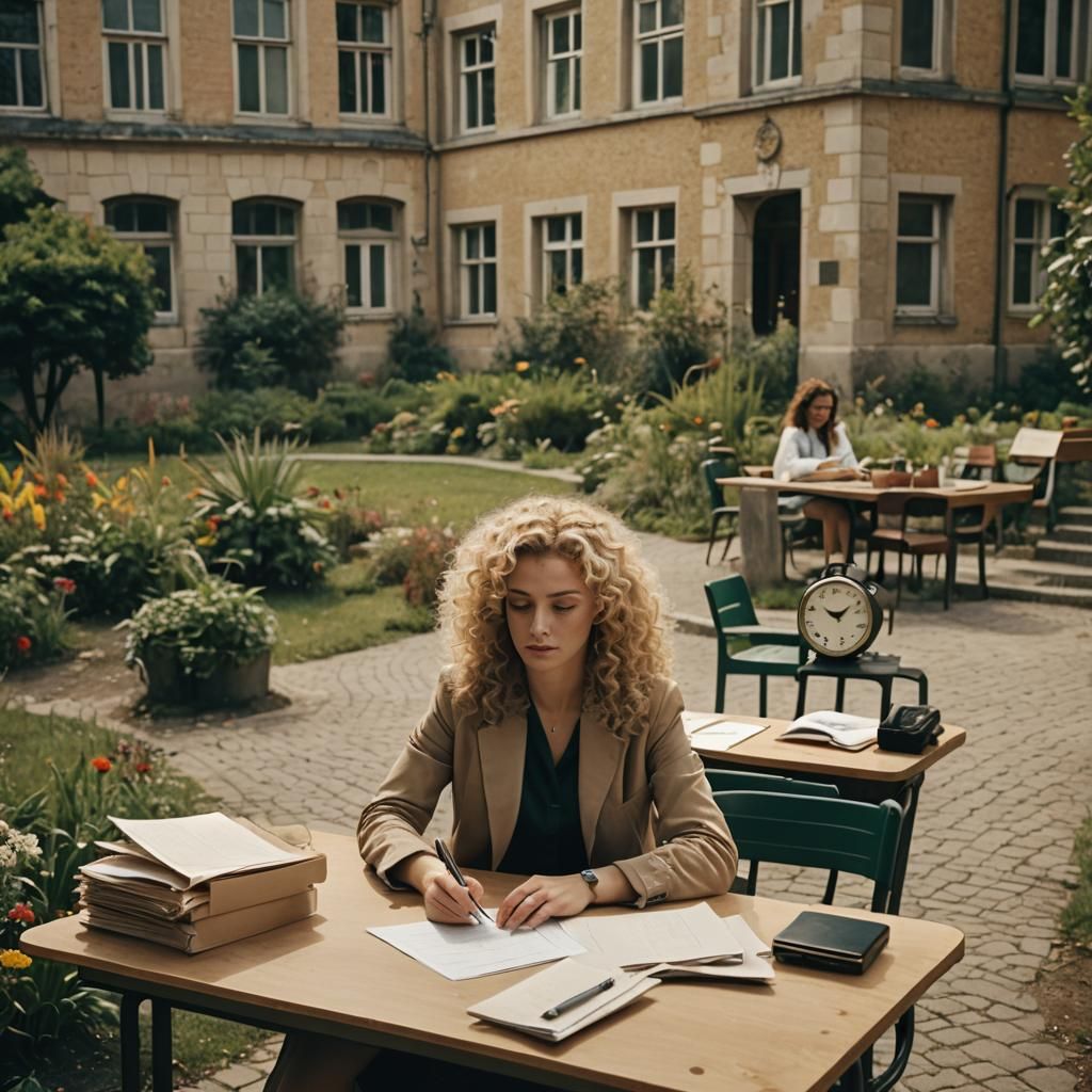 Woman at Desk Outside School: Cinematic Film Still