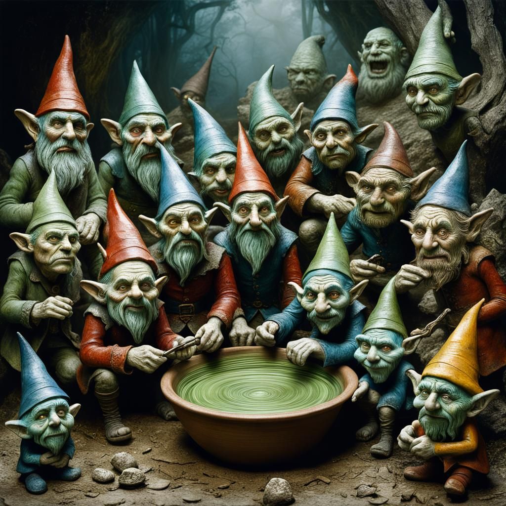 Surreal Glazed Clay Pottery with Elves and Trolls