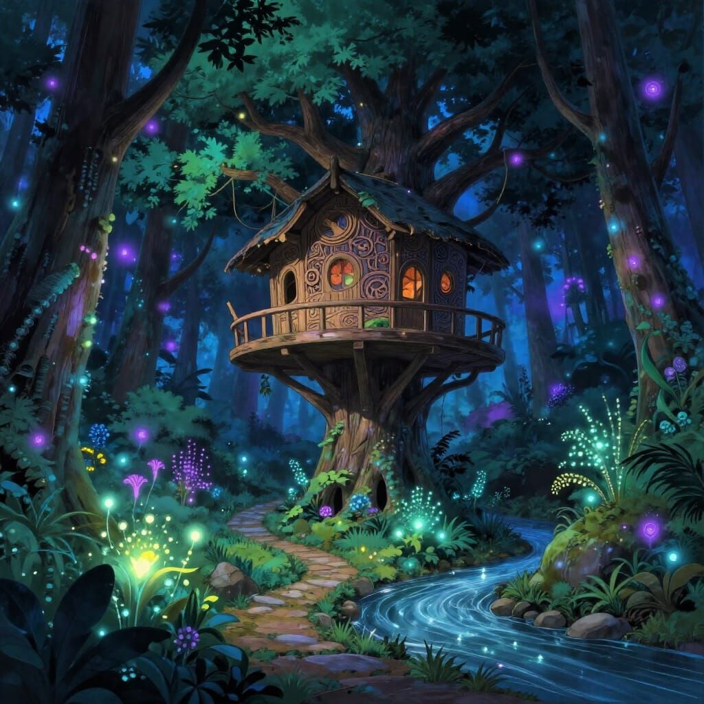 Ancient Celestial Treehouse in Bioluminescent Forest