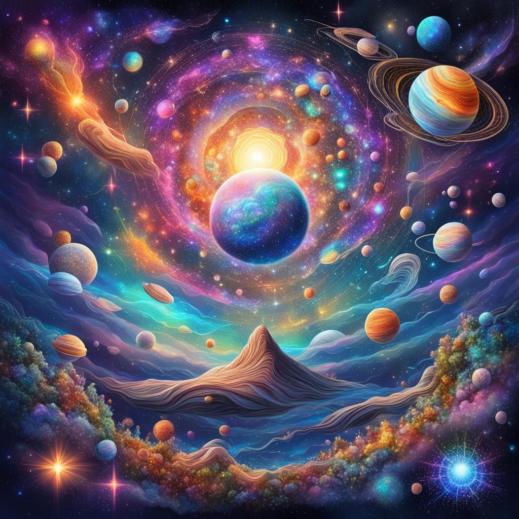 Holographic Cosmic Universe Illustration in Mixed Media