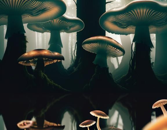 Jellyfish and Toadstools in Misty Forest, Digital Matte
