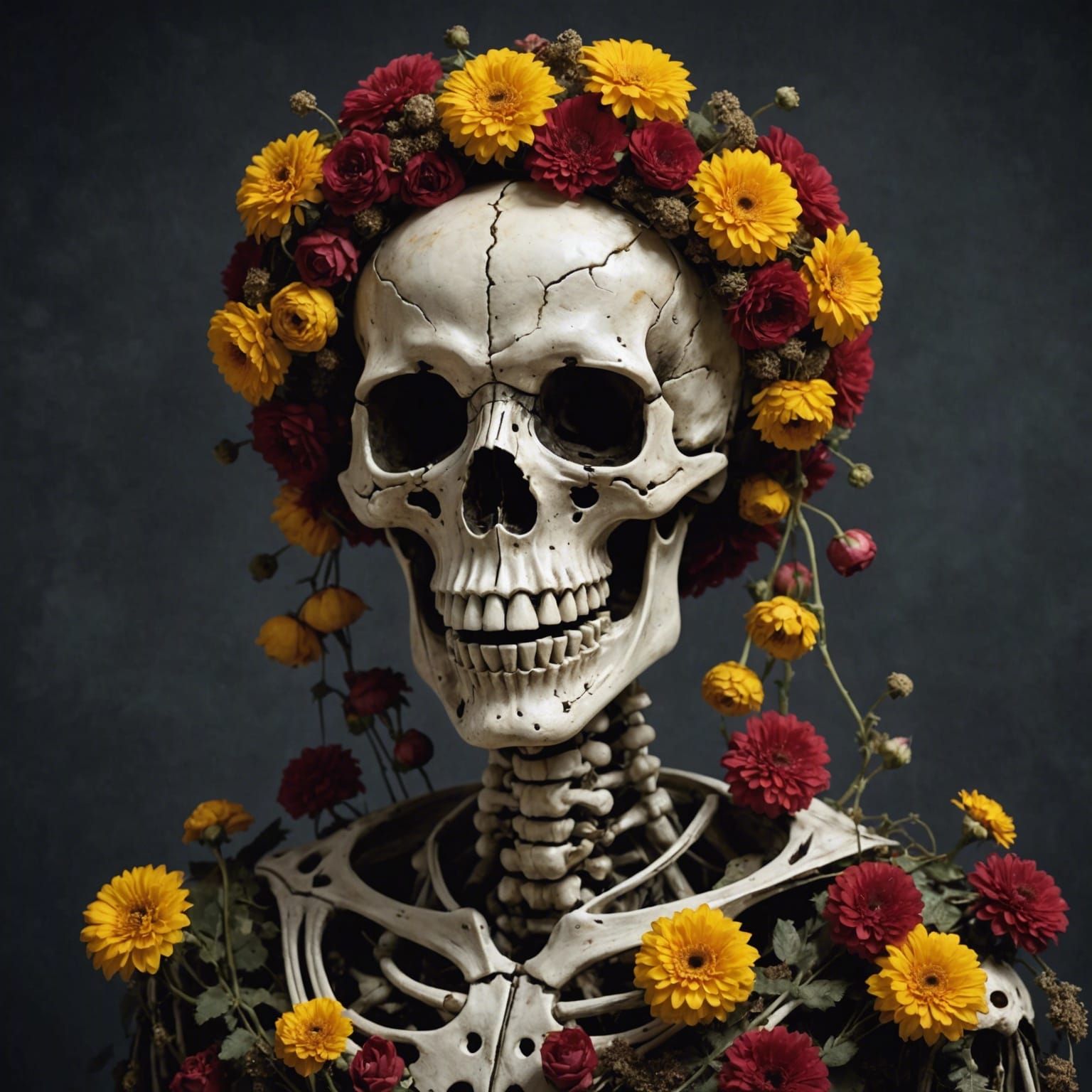 Grinning Skeleton with Billiard Eyes and Floral Hood