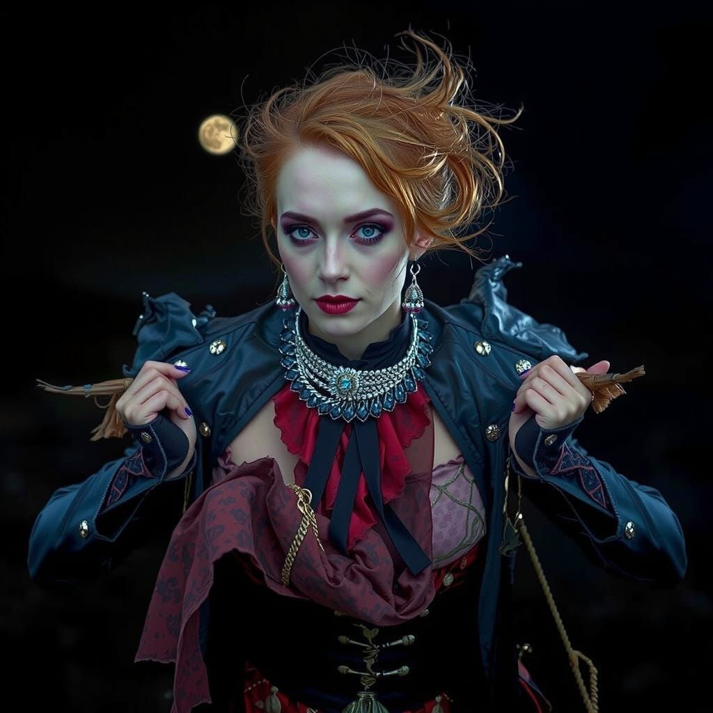 Glamorous Woman on Windswept Moor at Twilight